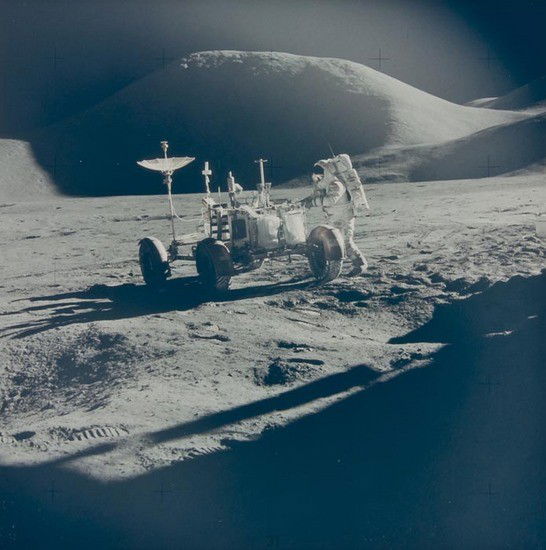 David Scott James Irwin at the Rover, Apollo 15, A: David Scott James Irwin at the Rover, Apollo 15, August 1971Vintage chromogenic print, 18.1 x 18cm (7 1/8 x 7 1/8in), on "A Kodak Paper", numbered NASA AS15-86-11603 in red in top margin "Whe