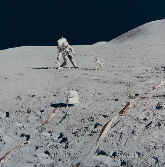 James Irwin David Scott takes a lunar soil core sa: James Irwin David Scott takes a lunar soil core sample, Apollo 15, August 1971Vintage chromogenic print, 18.1 x 18cm (7 1/8 x 7 1/8in), on "A Kodak Paper", description mounted on verso, number