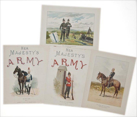 group of British military uniforms, (A): group of British military uniforms, (A)with 27 chromolithographed plates, depicting Horse Guards, Light Infantry and others, each c. 275 x 210mm, occasional spotting and browning, Virtue & Co