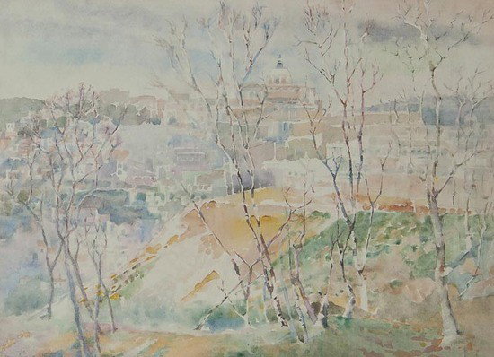 Binns (Lorna, RWS., 1914-2003) First Glimpse of No: Binns (Lorna, RWS., 1914-2003) First Glimpse of Noto from the Bus,watercolour over pencil, 320 x 420mm., signed and dated, RWS Galleries label on backboard, framed and glazed, 1979 § Butler (G