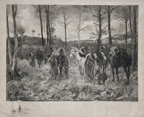 Jacquet (Jules) French soldiers at rest in woodlan: Jacquet (Jules) French soldiers at rest in woodland,engraving, on thin india paper, signed in pencil by Jacquet, after Meissonier, 490 x 580mm, minor surface dirt, with remnants of adhesive at