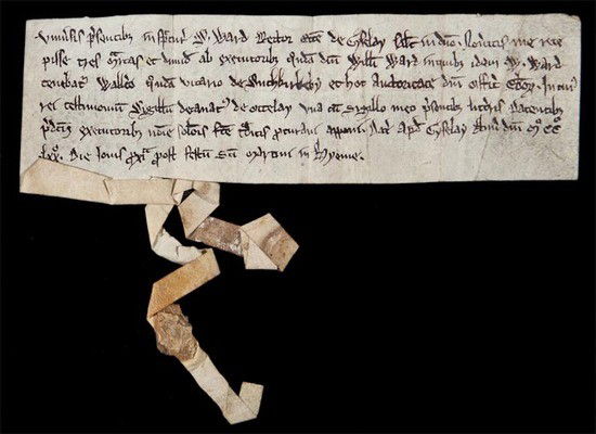 by W. Ward, Rector of Gyselay [Guiseley] for 3: Receipt, by W. Ward, Rector of Gyselay [Guiseley] for 3½ marks from the executors of the late Father William Ward, manuscript in Latin, on vellum, lacks seal, folds, slightly creased, 41