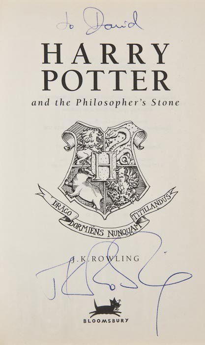 Rowling (J.K.) Harry Potter and the Philosopher's: Rowling (J.K.) Harry Potter and the Philosopher's Stone,first paperback edition, later issue, signed by the author on title, original wrappers, wear to bottom of spine, split at joint, 8vo, 19