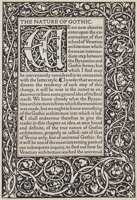 Kelmscott Press.- Ruskin (John) The Nature of Goth: Kelmscott Press.- Ruskin (John) The Nature of Gothic,[one of 500 copies], wood-engraved decorations and initials, original vellum, only one silk tie intact, uncut, [Peterson A4], Kelmscott Pre
