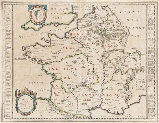 France.- Blaeu (Willem) Gallia Vetus: France.- Blaeu (Willem) Gallia Vetus,map of the Roman Empire during the reign of Caesar, with title cartouche, and engraved profile portrait of Caesar, upper left, engraved map with hand-colou