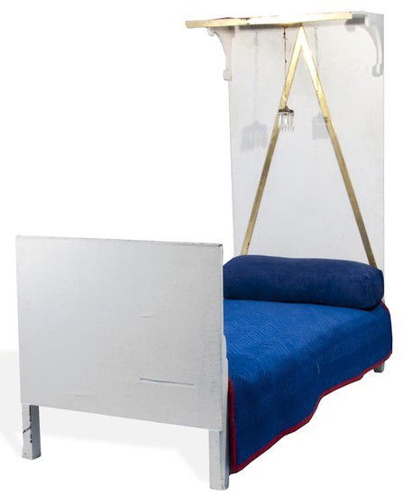 A single bed with the surface painted in white ges: A single bed with the surface painted in white gesso, made by Euan Uglow, a great friend of Craigie's, from the recipe taught to Slade students at that time. The single hanging chandelier has