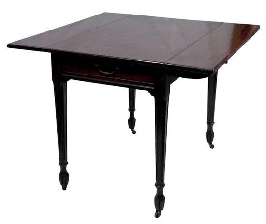 a George III mahogany Pembroke table, circa 1790,: a George III mahogany Pembroke table, circa 1790, after a design by Thomas Chippendale, rectangular top incorporating a pair of hinged leaves, frieze drawer, square section chamfered and moul
