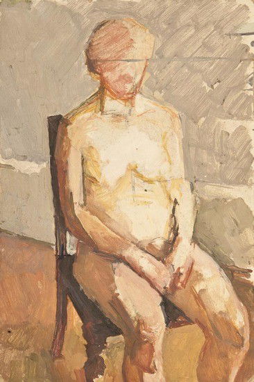 Euan Uglow (1932-2000) Seated Nude (not in K.&L.): Euan Uglow (1932-2000) Seated Nude (not in K.&L.)oil on hardboard, ca.1950, 305 x 205 mm (12 x 8 in) An early oil study by Uglow, this work was recovered amongst other pieces from Craigie Ai