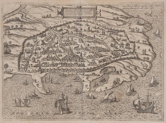Braun (Georg) and Franz Hogenberg Alexandria: Braun (Georg) and Franz Hogenberg Alexandria,bird's-eye view, with strapwork cartouche above, and numerous ships, camels and figures surrounding view, engraving, 370 x 480mm., Latin text on ve