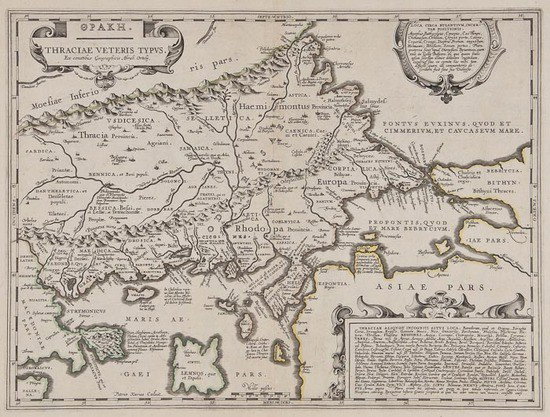 Ortelius (Abraham) Thraciae Veteris Typus: Ortelius (Abraham) Thraciae Veteris Typus,historical map showing Thracia in Northern Greece and parts of Romania, engraving with outline hand-colouring, 370 x 480mm, blank verso, reinforced ce