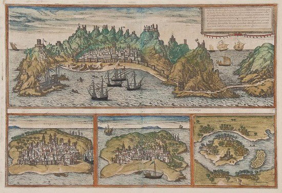 Braun (Georg) and Franz Hogenberg. Aden, Arabiae f: Braun (Georg) and Franz Hogenberg. Aden, Arabiae foelicis emporium celeberrimi nominis,with Mombaza, Quiloa, and Cefala below, 4 bird's-eye plan-views on one sheet, the larger view of Aden wit