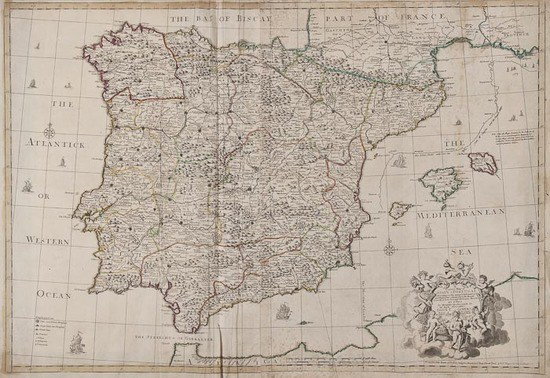 Senex (John) A Correct Map of Spain and Portugal: Senex (John) A Correct Map of Spain and Portugal,including Majorca and Minorca, decorative title cartouche lower right, engraved map with outline hand-colouring, on 2 sheets, joined, 920 x 640