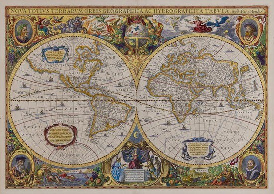 Hondius (Henricus) Nova Totius Terrarum orbis Geog: Hondius (Henricus) Nova Totius Terrarum orbis Geographica ac Hydrographica Tabula,double-hemisphere world map showing California as an island and part of the north coast of Australia, with sma