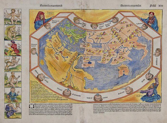 Schedel (Hartmann) Secunda etas mundi: Schedel (Hartmann) Secunda etas mundi,Ptolemaic world map from the Latin edition of the Nuremberg Chronicle, the map surrounded by 12 windheads and supported by the Old Testament figures of Ha