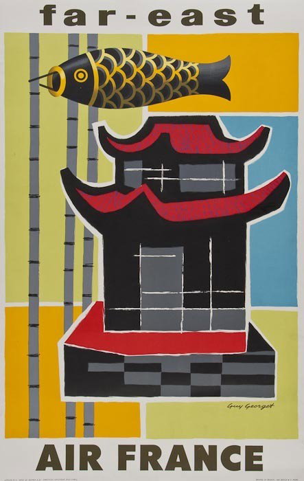 GEORGET, Guy (1911-1992) FAR-EAST, AIR FRANCE: GEORGET, Guy (1911-1992) FAR-EAST, AIR FRANCElithograph in colours, 1956, printed by Bedos & Cie., Paris, condition A-; backed on linen 39 x 25in. (99 x 64cm.) and: Air France, Afrique Occid