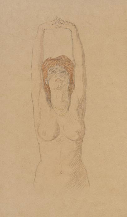 Raphael Kirchner (1876-1917) Standing nude with ar: Raphael Kirchner (1876-1917) Standing nude with arms raised,pencil with pale wash on buff paper, 40.5 x 24cm (16 x 9 1/2 in). ***Provenance: purchased from the artist's studio sale, Pa