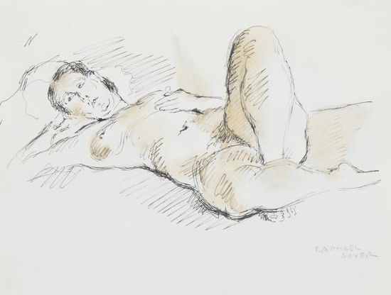 Raphael Soyer (1899-1987) Reclining nude: Raphael Soyer (1899-1987) Reclining nude,pen and ink with wash, signed lower right, 20.5 x 26.5 cm (8 x 10 1/2 in). IMPORTANT: This lot is sold subject to A