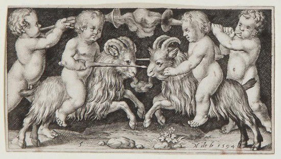 Nicolaes de Bruyn a scene from Aesop's fables: Nicolaes de Bruyn a scene from Aesop's fables,showing 2 putti riding goats holding lances, with 2 other putti behind, engraving, numbered 5, from a series of 12, 1594, Antwerp, published by Ah