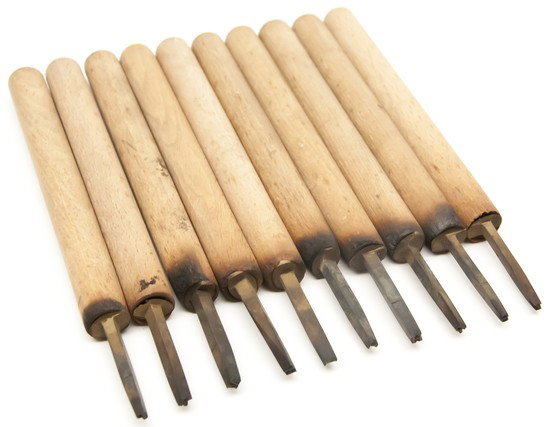 Bookbinding Tools.- Lettering tools: Bookbinding Tools.- Lettering tools,2 sets lettering tools including numbers, collection of brass type (small font) housed in small box of drawers and tin, one long handled roll tool, one lon