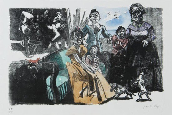 Paula Rego (b.1935) Self Portrait with Grandchildr: Paula Rego (b.1935) Self Portrait with Grandchildrenlithograph with extensive handcolouring in water-colour, 2002, signed in pencil, numbered 25/35, published by Marlborough Graphics, on wove