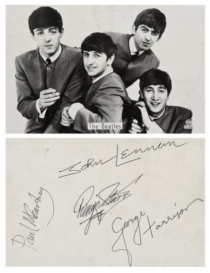 Beatles (The) An early photograph of the Beatles: Beatles (The) An early photograph of the Beatles,signed by John Lennon, George Harrison, Ringo Starr and Paul McCartney on verso, a little rubbed, 137 x 87mm., [c.1964]. ***Provenance: