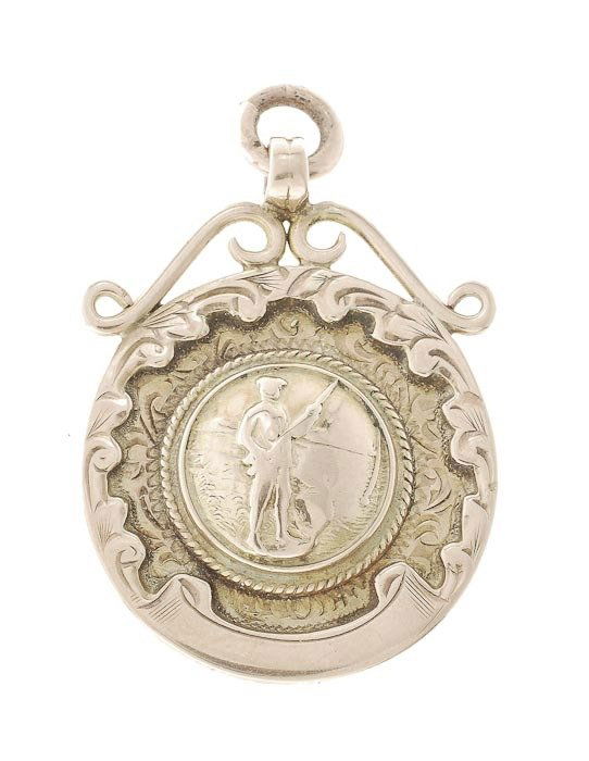 Wolverhampton, John Thompson Fishing Contest, 9 ca: Wolverhampton, John Thompson Fishing Contest, 9 carat gold fob prize medal awarded 1928, central roundel with fisherman standing, rev. shield, 7.9g, 25mm, with suspender. Fine (see illustrat