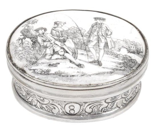 A south Staffordshire oval enamel box cover, 18th: A south Staffordshire oval enamel box cover, 18th century, printed in black with an angling party after Robert Hancock, on a white ground, later mounted on a silver coloured box, unmarked, 5c