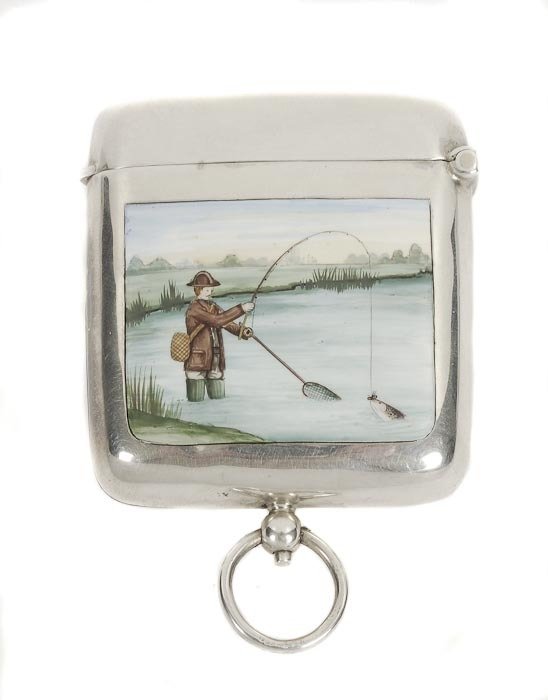 A silver and enamel oblong combined sovereign, hal: A silver and enamel oblong combined sovereign, half sovereign and vesta case by Hayes & Co., Birmingham 1911, the front enamelled with a fishing scene, the rest plain, the interiors gilt, wit