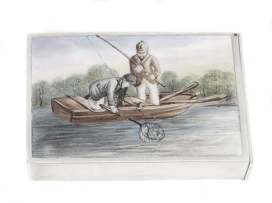 A Victorian silver and enamel rectangular pocket b: A Victorian silver and enamel rectangular pocket box by Thomas Johnson II, London 1887, the upper side enamelled with two fishermen in a rowing boat netting a fish, the rest plain, a short en