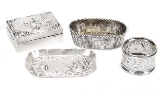 A Victorian silver novelty salt by Thomas Johnson: A Victorian silver novelty salt by Thomas Johnson II, London 1882, formed as an oblong fish basket, 8cm (3 1/8in) long; an Edwardian circular napkin ring by T. Wooley, Birmingham 1902, emboss