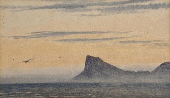 (Dr. Edward Adrian, Antarctic explorer and natural: Wilson (Dr. Edward Adrian, Antarctic explorer and naturalist, 1872-1912) The Sentinel at Dawn [at Hout Bay near Simon's Town], watercolour on paper, 105 x 185mm., framed and glazed, October 19
