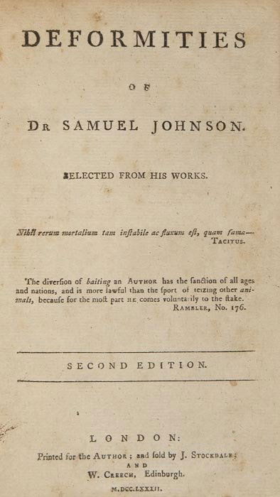 Johnson (Samuel): Johnson (Samuel) Deformities of Dr Samuel Johnson. Selected from his Works, [edited by John Thomson Callender], second edition, new endpapers, modern half calf, for the Author, 1782 § Piozzi (