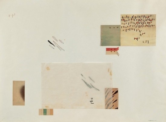 Jack Smith (1928-2011) Composition: Jack Smith (1928-2011) Compositionink and coloured pencil with collage on paper, 1971, signed and dated in blue ball-point pen lower right, sheet 560 x 755 mm (22 x 29 3/4 in) Provenance: Pr