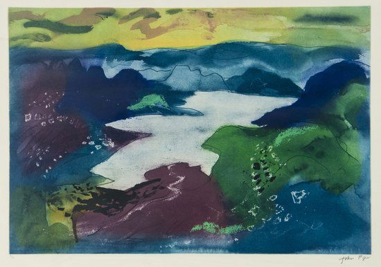 John Piper (1903-1992) Llyn Teifi (L.401): John Piper (1903-1992) Llyn Teifi (L.401)etching with aquatint printed in colours, 1987, signed and inscribed X/X in pencil, an airtist's proof aside from the edition of 70, printed by Kelpra