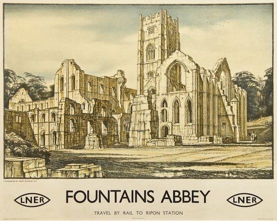 RUSHBURY, Henry George Sir RA. (1889-1968) FOUNTAI: RUSHBURY, Henry George Sir RA. (1889-1968) FOUNTAINS ABBEY, LNERlithograph in colours, c.1930, condition A, printed by Ben Johnson & Co., Ltd., York, backed on linen 40 x 50ins. (102 x 127cm.
