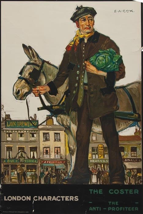 COX, Elijah Albert THE COSTER, London Characters: COX, Elijah Albert THE COSTER, London Characterslithograph in colours, c.1920, cond B-, printed by Chorley & Pickersgill Ltd., Leeds, not backed 30 x 20ins. (76 x 51cm.)