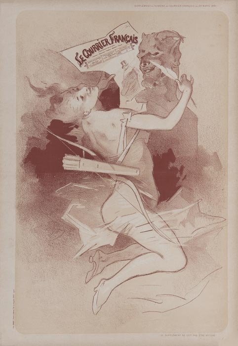 CHERET, Jules (1836-1932) Courrier Francais: CHERET, Jules (1836-1932) Courrier FrancaisLE COURRIER FRANCAIS lithograph in colours, 1891, cond. B+, printed by Chaix, Paris, not backed 22 1/2 x 15ins. (57 x 38cm.)