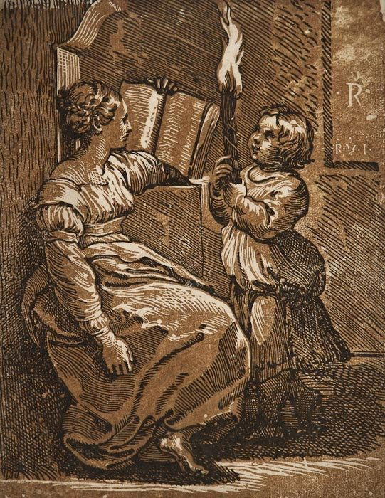 Ugo da Carpi (c.1480-1532) A Sibyl with a child ho: Ugo da Carpi (c.1480-1532) A Sibyl with a child holding a torch,chiaroscuro woodcut, printed from two blocks in black and olive, after Raphael, c.1510-1530, [Bartsch 6, copy B in reverse], 275