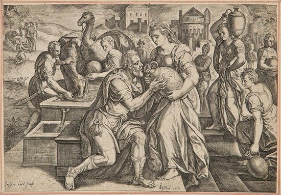 Barbara van den Broeck (fl.1560-1585) Jacob meetin: Barbara van den Broeck (fl.1560-1585) Jacob meeting with Rachel at the well of Harran,engraving, after Crispin van den Broeck, c.1585, published by Visscher, 200 x 285mm. (8 x 11 1/4 in) § Jan