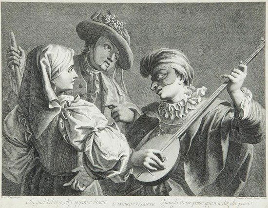 Nicolo Cavalli (1730-1822) Mercato di polli; L'Imp: Nicolo Cavalli (1730-1822) Mercato di polli; L'Improvvisante; Men playing cards; A woman holding a caged bird,4 engravings, with 2 after Chiozzotto, and 2 after Francesco Maggiotto, c.1760-180