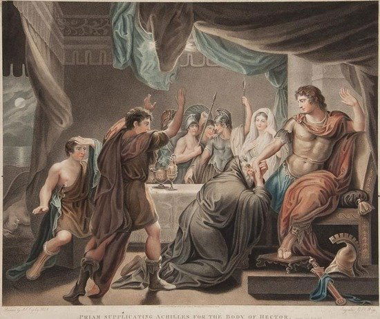 Anthony Fogg (fl.1790-1810) Priam Supplicating Ach: Anthony Fogg (fl.1790-1810) Priam Supplicating Achilles for the Body of Hector,stipple-engraving printed in colours after John Singleton Copley R.A., 1808 by John P. Thompson, 465 x 550mm. (18