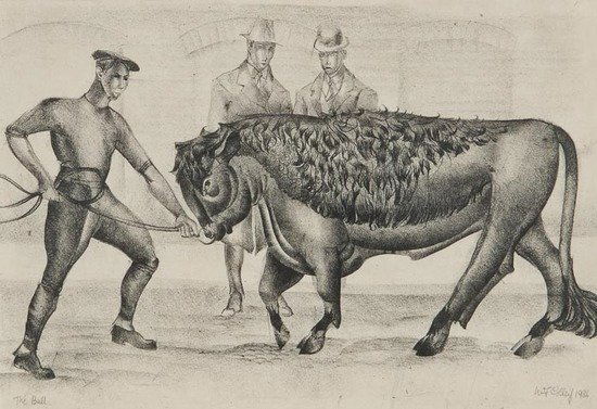 William Frederick Colley (1907-1957) The Bull: William Frederick Colley (1907-1957) The Bull,lithograph on chine appliqué, signed and dated 1936, in pencil lower right, titled, and numbered 34 from an edition of 50 in lower left margin, is
