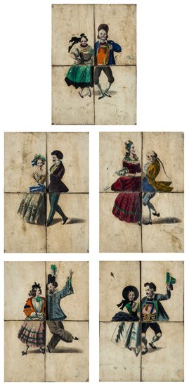 Costume Puzzle Cards,: Costume Puzzle Cards, 5 puzzle cards (each divided into 4), depicting a man and a woman in various forms of dress, hand-coloured aquatints, each lettered g,h,i,k,l,m, not complete and from a l