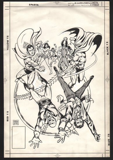 Chan (Ernie) Super Stars: Chan (Ernie) Super Stars,a large ink drawing depicting Superman, Batman, and other superstar heroes battling against villains, signed and dated 1976, 410mm. by 280mm. ***The design was