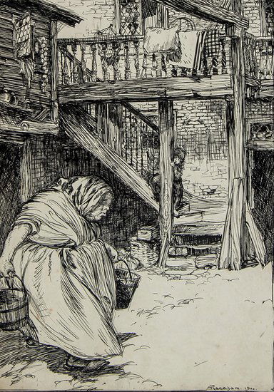 Rackham (Arthur) She Did Not Go Once But Many Time: Rackham (Arthur) She Did Not Go Once But Many Times Backwards and Forwards to the Well,original illustration for Fundevogel in Fairy Tales of the Brothers Grimm, pen and ink drawing 235 x 170m