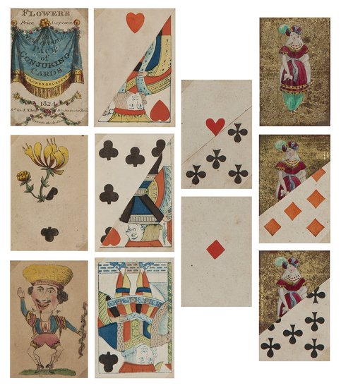Card Tricks. An important collection of faked card: Card Tricks. An important collection of faked cards and packs:twenty nine single cards or sets including three diagonally divided cards, [c.1820], four cards and pictorial title for a "New and