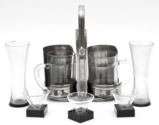 Kalanag [Helmut Ewald Schreiber]. Any Drink Called: Kalanag [Helmut Ewald Schreiber]. Any Drink Called For,a chromed metal tray and rack to hold glasses, a chromed holder with two glass beakers, and various jugs and glasses used by Kalanag in t