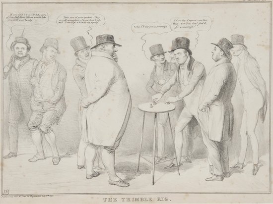 Doyle (John) Dispersion of the Thimble Rig;: Doyle (John) Dispersion of the Thimble Rig;The Thimble Rig; The Thimble Rig!, (HB Sketches no. 329, 330, and 593), lithographs, the second slightly spotted, framed and glazed, approximately 27