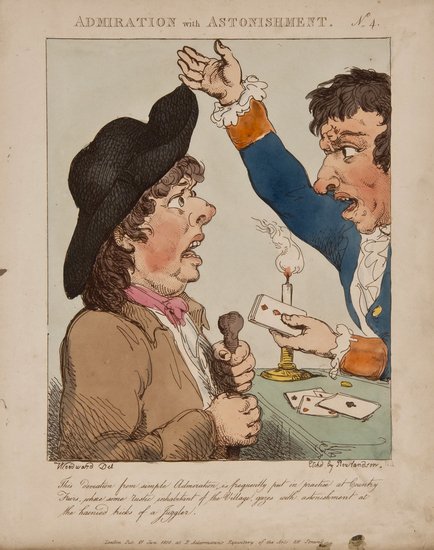 Rowlandson (Thomas) Admiration with Astonishment n: Rowlandson (Thomas) Admiration with Astonishment n.4,etching after Woodward depicting a conjuror performing with cards for a yokel, coloured by hand, text below, margins soiled, in card mount,