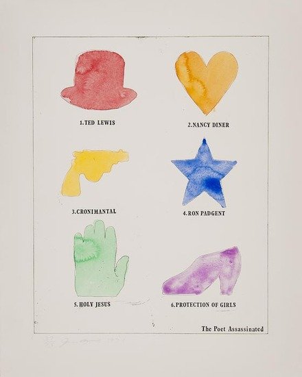 Jim Dine (b.1935) The Poet Assasinated: Jim Dine (b.1935) The Poet Assasinatedetching with extensive handcolouring in watercolour, 1971, signed and dated in pencil, numbered 37/75, on wove paper, with full margins, 690 x 545 mm (27